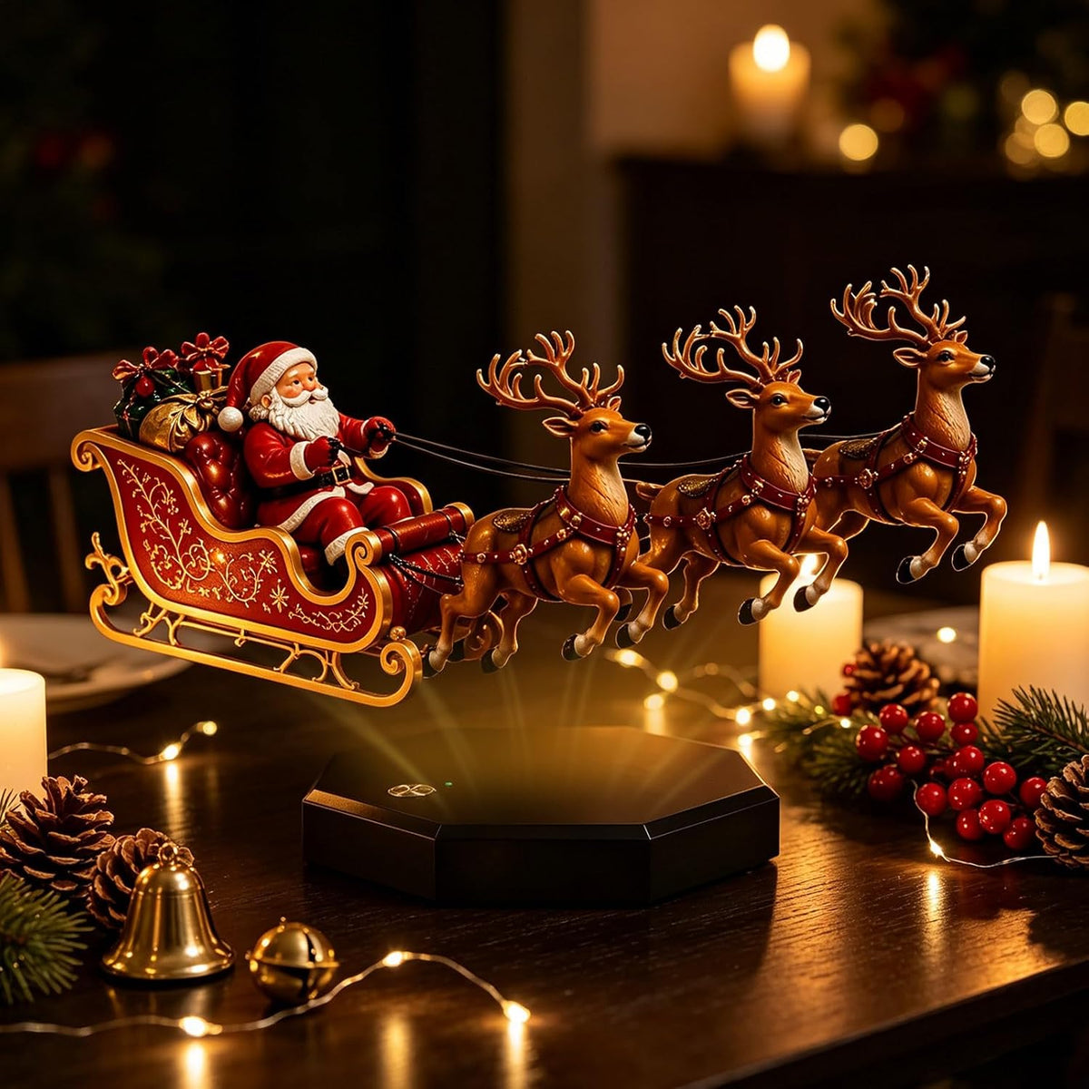 Floating Santa Sleigh, Santa'S Flying Sleigh Magnetic Levitation Christmas Display, Floating Santa Claus Tabletop Decorations Reindeer Xmas Ornaments for Home, Office, Shelf & Holiday Party